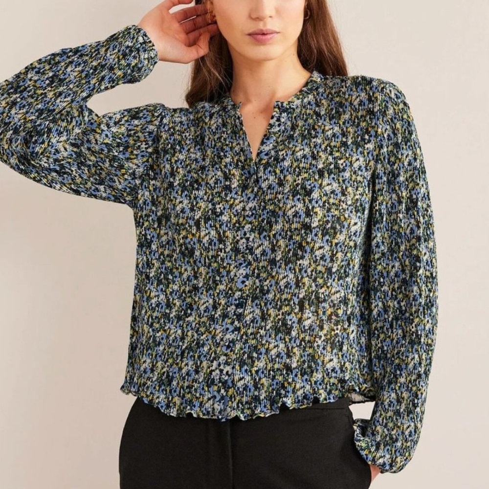 Boden plisse pleat Painterly Floret  Blouse in Blue and Green size